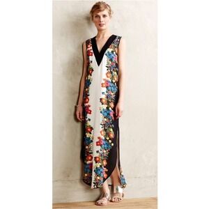 NG the Label Maxi Dress L  BOHO Chic Floral Print Sleeveless V Neck Black White